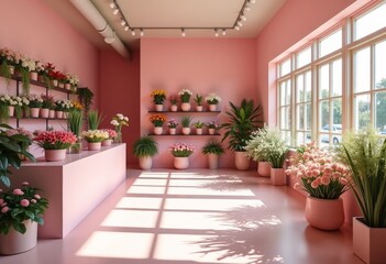 Modern flower shop interior with pastel colors, minimal design, daylight, wide-angle