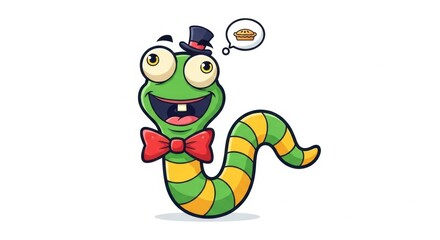 Obraz premium Cartoon Worm with Hat and Bowtie Dreaming of Pie.