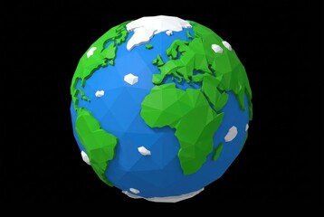 A low-poly, geometric rendition of planet Earth with green landmasses, blue oceans, and white clouds stands out against a black void.