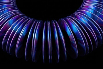 A close-up view of a metallic spring toy forms a circular, iridescent shape with bands of purple and blue light against darkness.