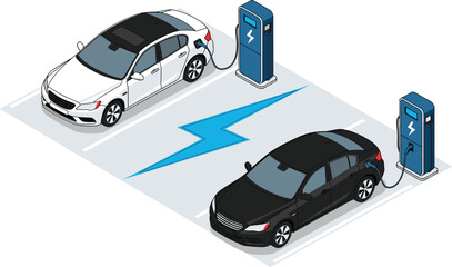 Fototapeta premium Electric Car Charging Station Illustration with Plug In Vehicles, Power Supply Units, and Sustainable Transportation Concept for EV Infrastructure Design