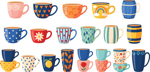 Colorful Coffee Mug and Tea Cup Icon Set with Patterned Ceramic Drinkware for Cafe Branding, Kitchen Decor, Beverage Illustrations, and Lifestyle Design