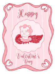Vintage coquette greeting card for Happy Valentine's Day. Hand drawn whimsical frame with elegant cherub angel, bow frame and text. Template for poster, wedding invitation, banner, sticker