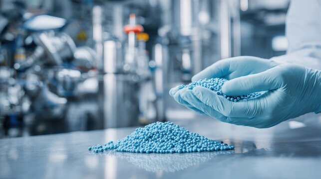 The plastic pellets in gloved hands on stainless steel industrial production table