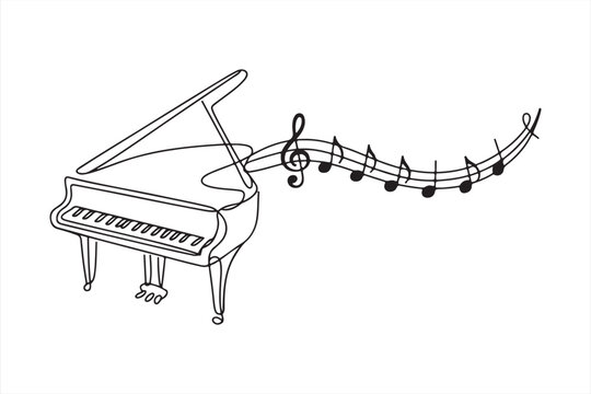 Piano with Flowing Musical Notes Line Art, Elegant grand piano drawing with flowing musical notes a continuous line art