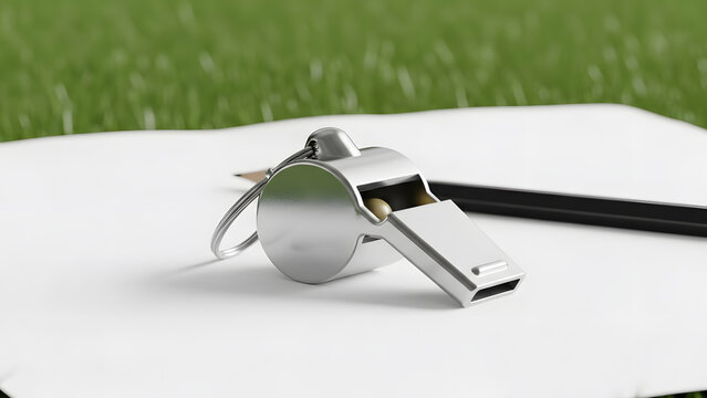 Metal referee whistle on white surface with blurred football field background clean sports officiating concept