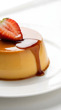 Creamy caramel flan pudding with glossy syrup and fresh strawberry on a white plate.