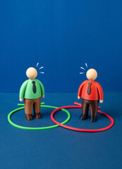 A clash of interests between two businessmen. Competition in the market. Rivalry concept, opposing...