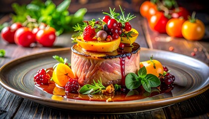A gourmet dish is plated on a dark wood surface. A perfectly cooked meat centerpiece is garnished with fruits and herbs