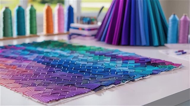 Colorful fabric swatch and thread spool display with vibrant pleated dress and creative textile design on bright table with sewing tools