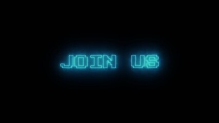 Electric blue neon text forms the phrase "JOIN US" with a retro 8-bit pixel aesthetic on a transparent alpha channel background