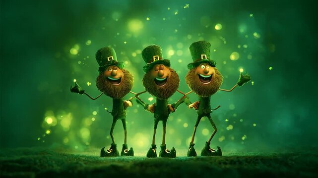  St. Patrick&rsquo;s Day leprechauns dancing, lined up next to each other, surrounded by green clovers and vibrant green tones. Seamless loop.