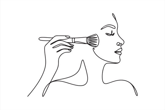 Continuous one line drawing of Young girl doing make-up vector. Minimalist woman applying makeup with a brush in one line drawing style vector illustration