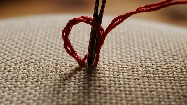 Detailed Close-Up of Hand Embroidery Process with Needle and Thread.