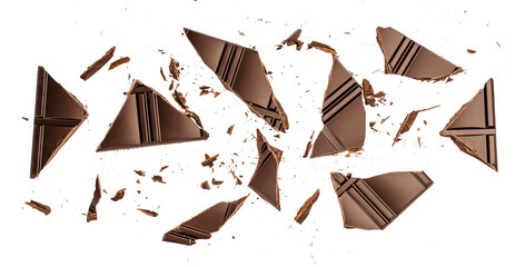 Broken dark chocolate pieces scattered on white background, isolated studio food photography with copy space and dynamic composition