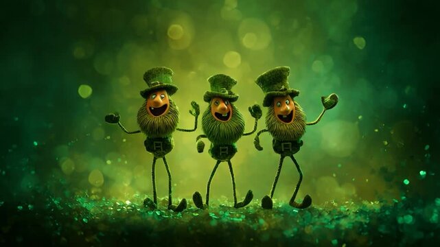  St. Patrick&rsquo;s Day leprechauns dancing, lined up next to each other, surrounded by green clovers and vibrant green tones. Seamless loop.