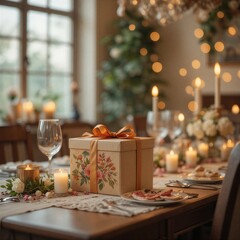 A festive dinner table setting features a gold holiday decor theme with delicious food, plates