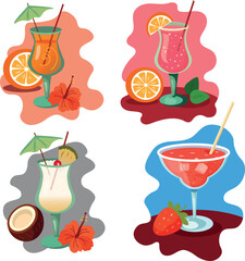 Set of 4 flat style cocktail illustrations &ndash; Aperol Spritz, Strawberry Daiquiri, Pi&ntilde;a Colada, Pink Lemonade