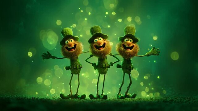  St. Patrick&rsquo;s Day leprechauns dancing, lined up next to each other, surrounded by green clovers and vibrant green tones. Seamless loop.
