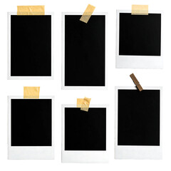 Set of blank instant photo frames with adhesive tape and wooden clothespin isolated on white background, realistic polaroid style picture mockup for memory and photography concepts