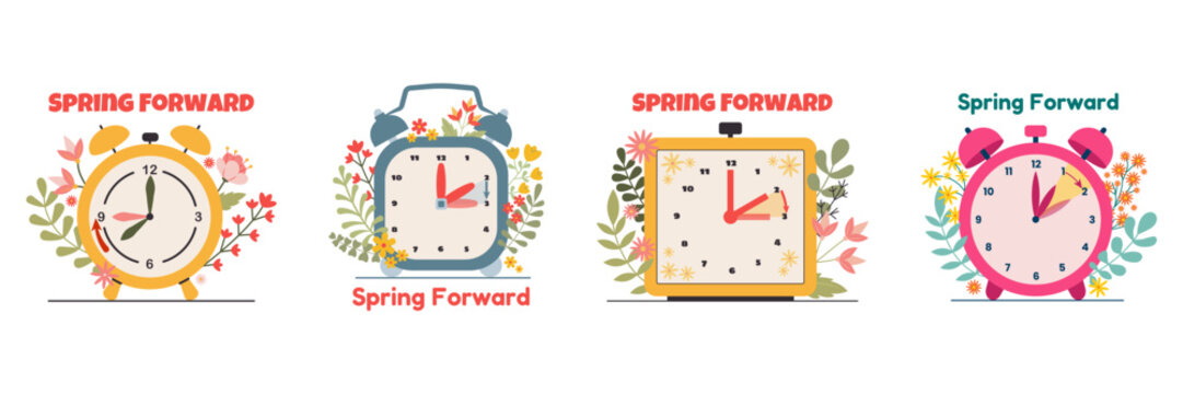 Clocks, alarms for concept of switching to daylight saving time. Spring Forward. Alarms clock with flowers and leaves on white background. Vector flat illustration