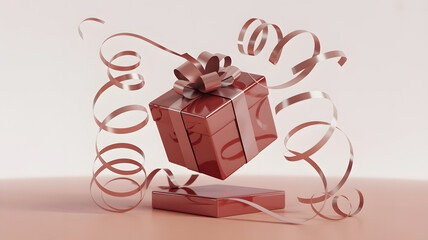 Red gift box with swirling ribbon on peach background