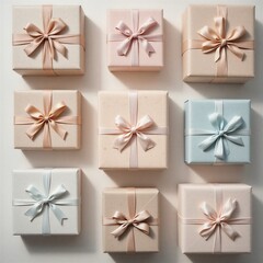 Vector illustration set of gift boxes and decorative ribbon bows featuring floral patterns and Christmas design elements for holiday celebration icons Vector illustration set of gift boxes