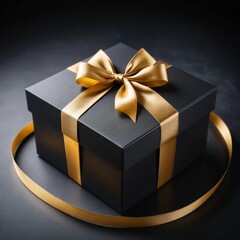 A golden gift box wrapped with a shiny gold ribbon and bow serves as a festive holiday present for a Christmas or birthday celebration isolated on a red background