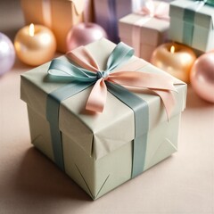 A festive gold wrapped gift box with a red ribbon bow is isolated on a green background for a Christmas holiday celebration or birthday surprise anniversary present
