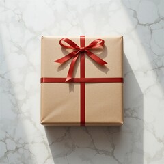 A festive red gift box wrapped with a decorative red ribbon and bow sits on a rustic wooden background, creating a perfect surprise for a Christmas, birthday, or holiday celebration