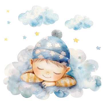 Sleepy child resting on clouds with stars and fluffy elements in a serene nighttime setting