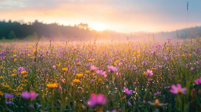 The freshness of morning dew on a field of wildflowers sparkles brightly under the first light of day in a serene landscape