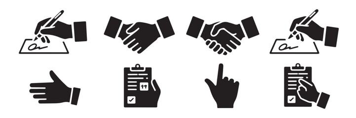 Obraz premium Assortment of business icons featuring hands signing documents, handshakes, open hand, and pointing finger on transparent background
