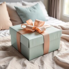 A blue gift box wrapped with a golden ribbon and bow sits elegantly on a matching blue background as a festive celebration present for a A festive gift box with a red ribboholiday or birthday surprise