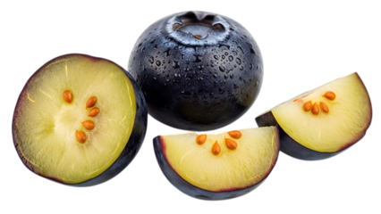 a single blueberry and its cut segments displayed on transparent background