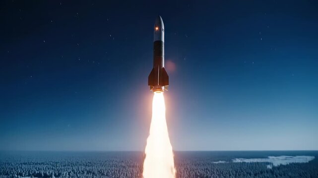Missile launches from an underground silo in a snowy winter forest. The rocket ascends quickly into the cold night sky. Global conflict technology.