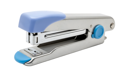 a silver and blue office stapler isolated on transparent background