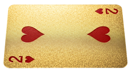 gold playing card number two with red hearts on transparent background