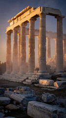 Ancient Greek temple ruins with columns and scattered stones at sunset.