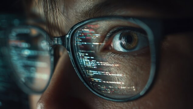 Close up of a person wearing glasses with computer code reflected in the lenses.