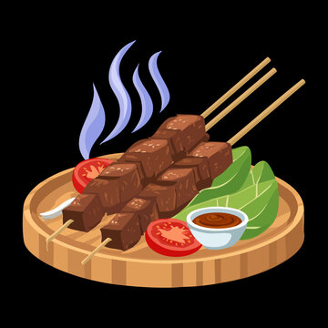 Grilled meat skewers with vegetables and dipping sauce for authentic asian barbecue and street food snack - Vector Illustration