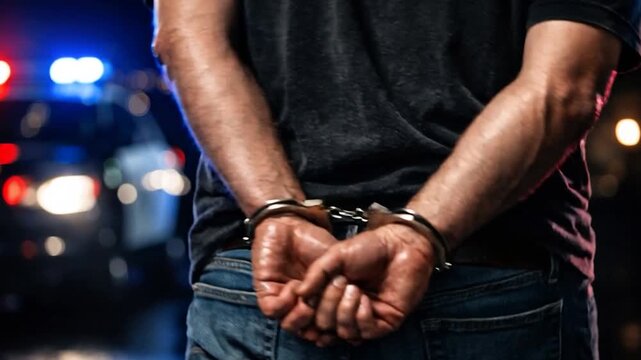 Man in handcuffs is taken away by police officer. 