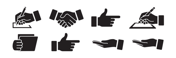 Obraz premium Collection of simple black icons illustrating various hand signs for pointing writing agreement and holding objects on transparent background
