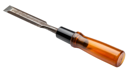 a detailed woodworking chisel with an orange handle on transparent background