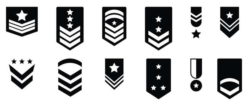 Collection of soldier sergeant icons. Containing as major, officer, military stripes, emblems, lieutenant, soldier sergeant, colonel emblem and more. Military rank badge icon of black silhouettes.