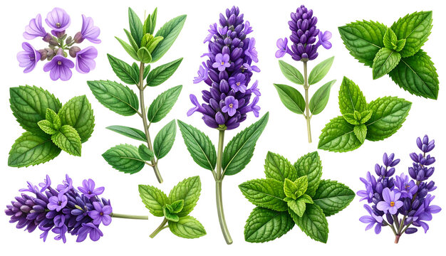 Herbal Collection with Lavender Flowers and Fresh Mint Leaves on Transparent Background for Wellness Design