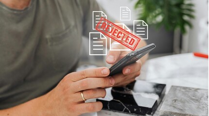 Smartphone user facing digital file rejection notification, data access failure concept