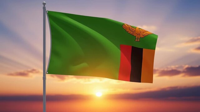 Zambia flag waving on background sunrise sky