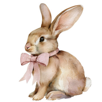 Cute rabbit sitting with a pink bow, showcasing a charming and playful demeanor ideal for various designs and decorations