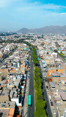 Drone view of La Molina residential zone under clear summer skies, Lima.